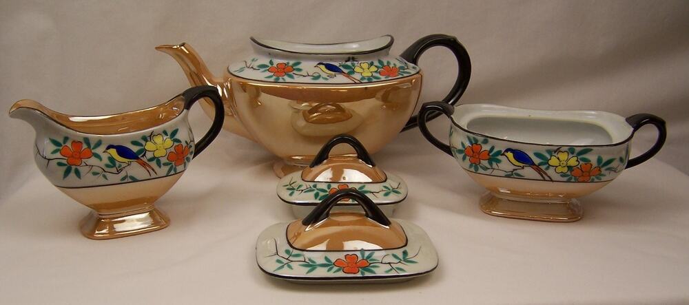 Vintage Hotta Yu Shoten Handpainted Lusterware Teapot Creamer Sugar Set Bluebird